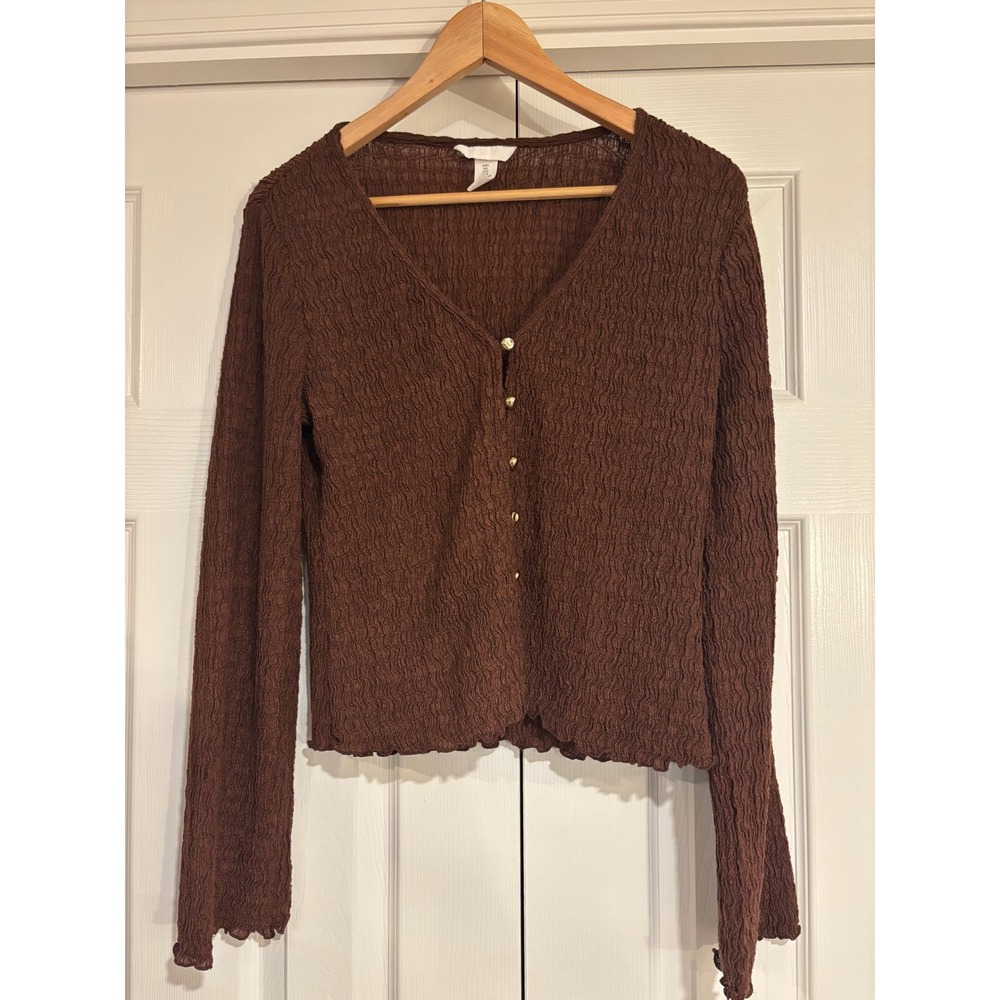 H&M Textured Jersey Top Brown V-Neck Gold Button Front Long Sleeves Women's L - Picture 2 of 7